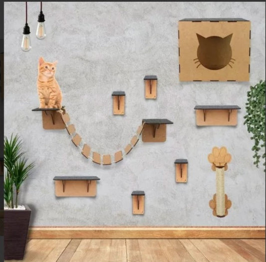 Brinquedo Gato Kit 8 Peças Mdf Carpete Feltro + Arranhador