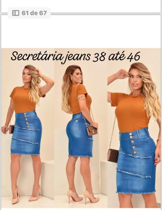 Saia Jeans Modelo Secretária - Azul Claro com lavagem