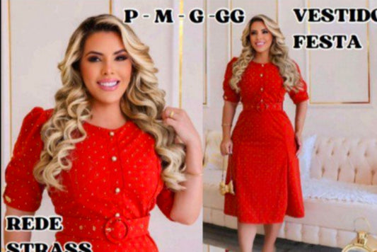 Vestido Vermelho Rede Strass