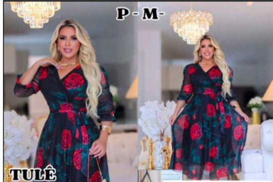 Vestido Preto e Vermelho Estampado Tule 3D