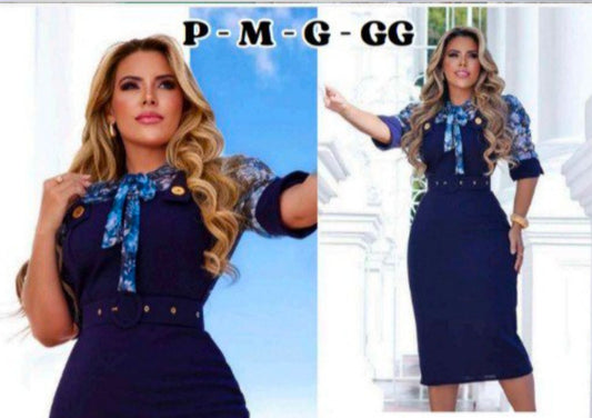 Vestido Justo Azul Marinho de Neocrepe com mangas e gola estampada