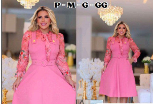 Vestido de Neocrepe Rosa Claro com mangas e gola estampadas