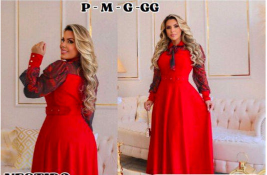 Vestido Longo Vermelho e Preto  Neocrepe com manga e gola estampadas